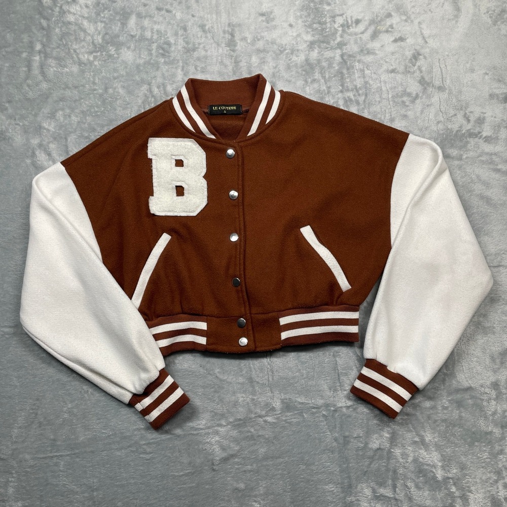 Le Couture Varsity Jacket Womens Small Brown White Cropped Letterman Bomber B